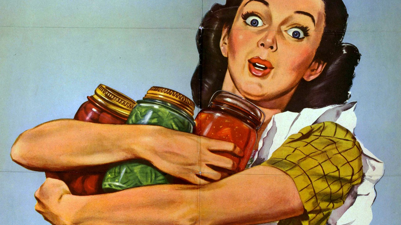 WWII Era Poster of a woman holding canned vegetables