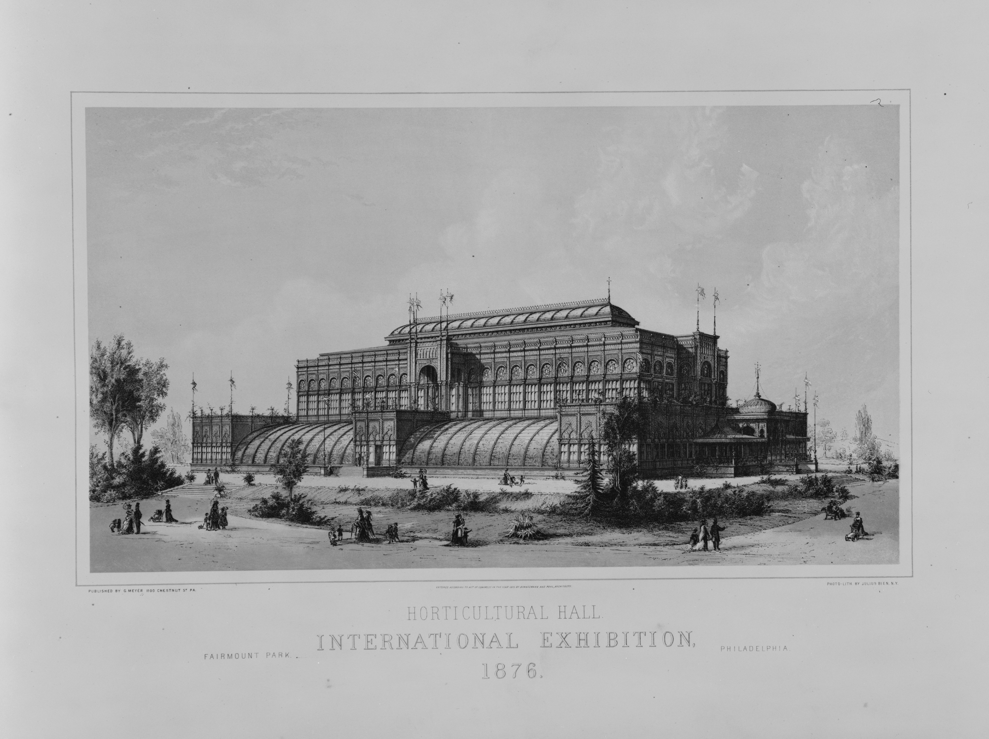 black and white postcard of the Horticultural Hall at the Centennial Exposition in Philadelphia, 1876.