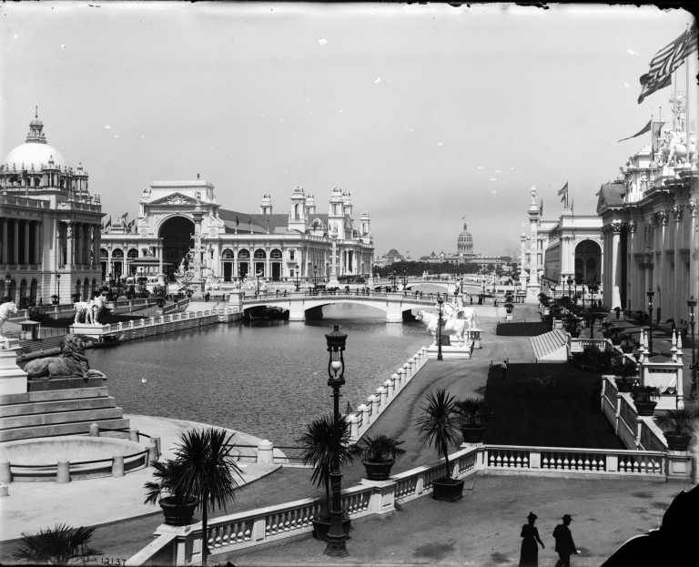 Black and white photograph of canal and buildings at the Chicago Columbian Exposition, 1893.