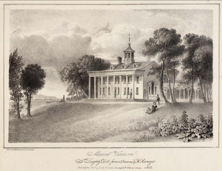 Black and white print of Mount Vernon's rear porch.