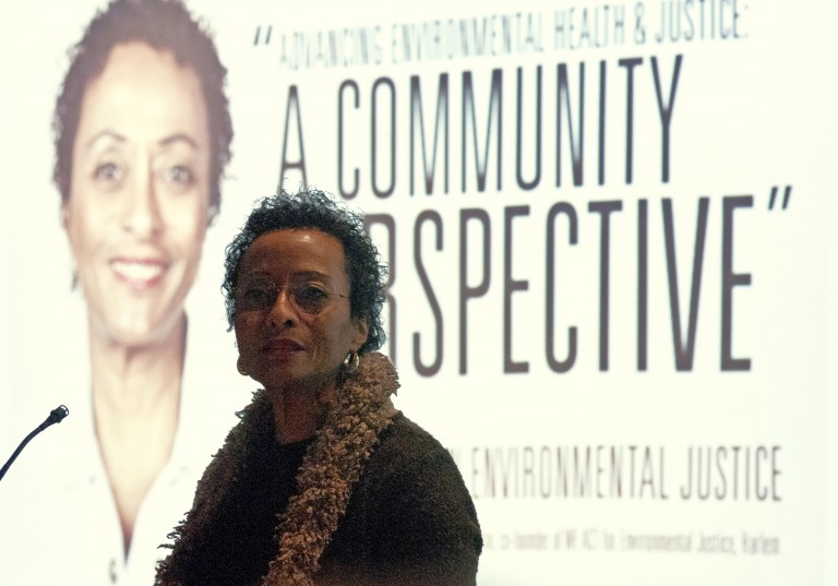 Peggy M Shepard speaking at conference in front of projection of her face and "A Community Perspective."