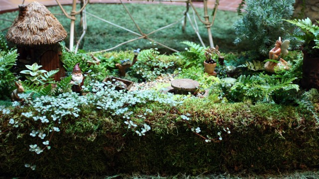 miniature garden with tiny gnome, fairy, and wheelbarrow figures