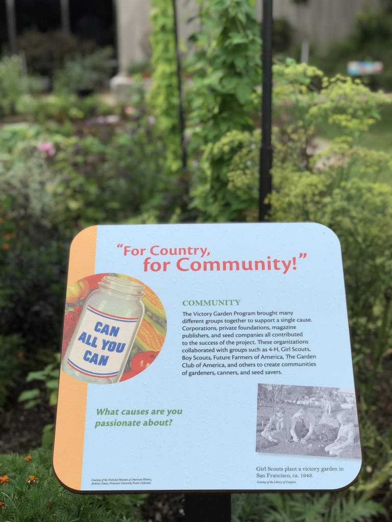 Garden interpretive panel "For Country, for Community!" in the Victory Garden at the National Museum of American History.