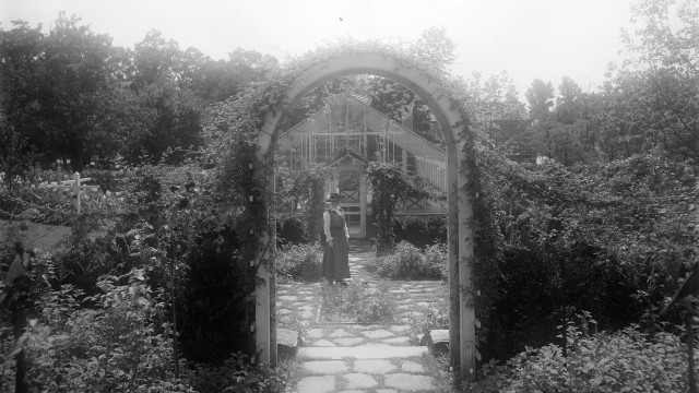 Woman in broad-brimmed hat standing behind a vine-covered archway