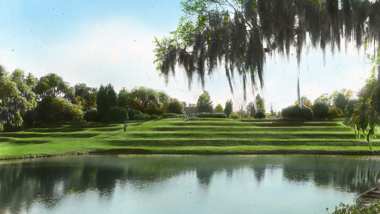 Green terraced lawn by a lake at Middleton Place in South Carolina