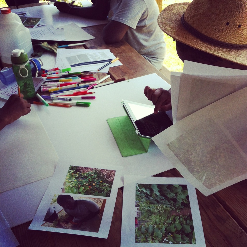 Printouts of garden scenes on a picnic table surrounded by children with tablets and writing implements