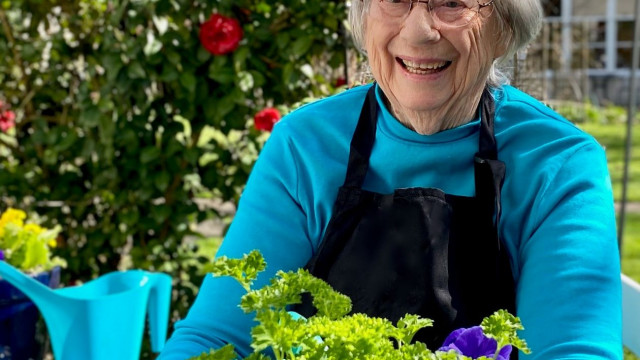 Woman with grey hair wearing glasses and apron holds pot of soil