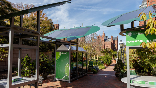 Solar recharging stations at Smithsonian Gardens, Enid A. Haupt Garden