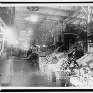 Center Market in Washington, D.C., image taken between 1909 and 1932. Washington, D.C.'s largest market was built in 1871 and demolished in 1931 to make way for the new National Archives building. Vendors from the surrounding area rented stalls both inside and outside of the market and sold produce, meat, and other food items. Library of Congress, Prints & Photographs Division, National Photo Company Collection, LC-USZ62-94730.