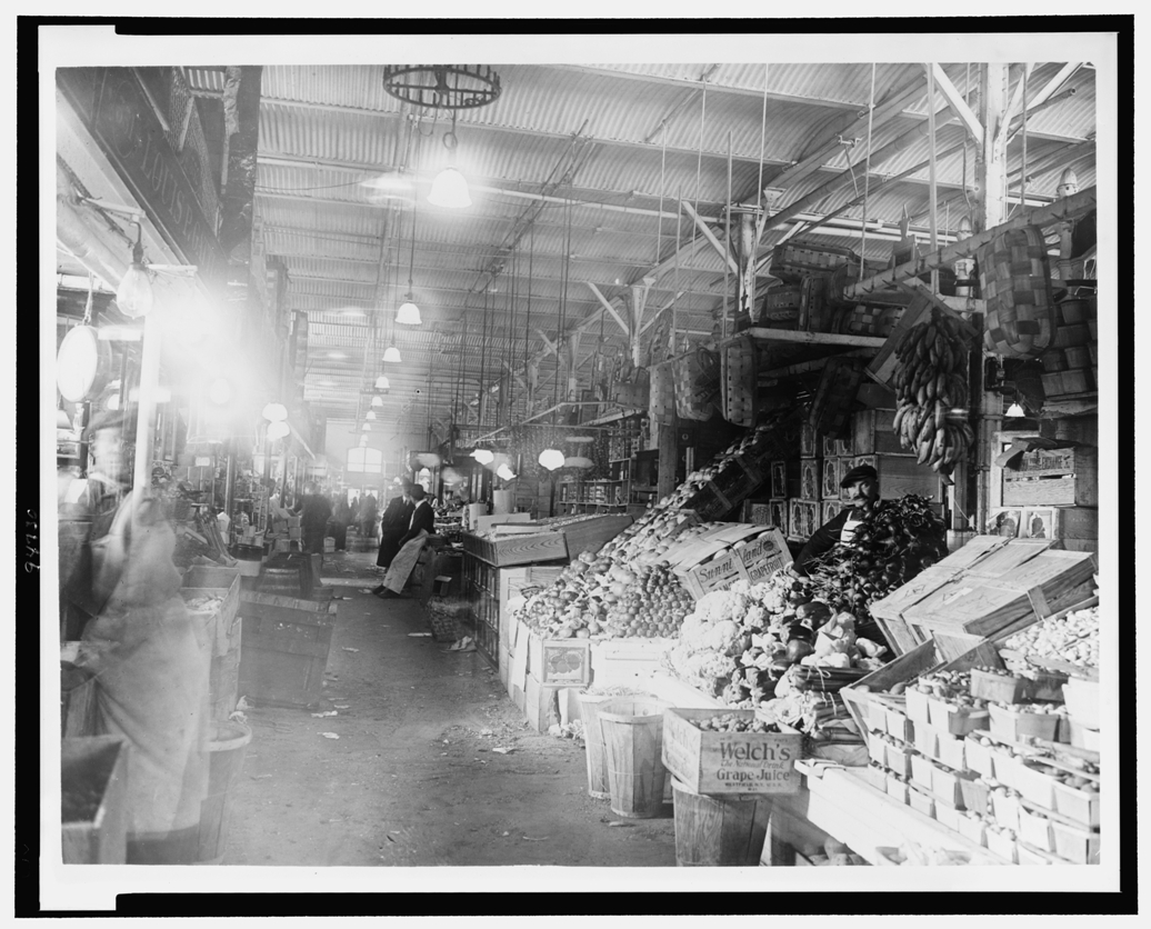 Center Market in Washington, D.C., image taken between 1909 and 1932. Washington, D.C.'s largest market was built in 1871 and demolished in 1931 to make way for the new National Archives building. Vendors from the surrounding area rented stalls both inside and outside of the market and sold produce, meat, and other food items. Library of Congress, Prints & Photographs Division, National Photo Company Collection, LC-USZ62-94730.