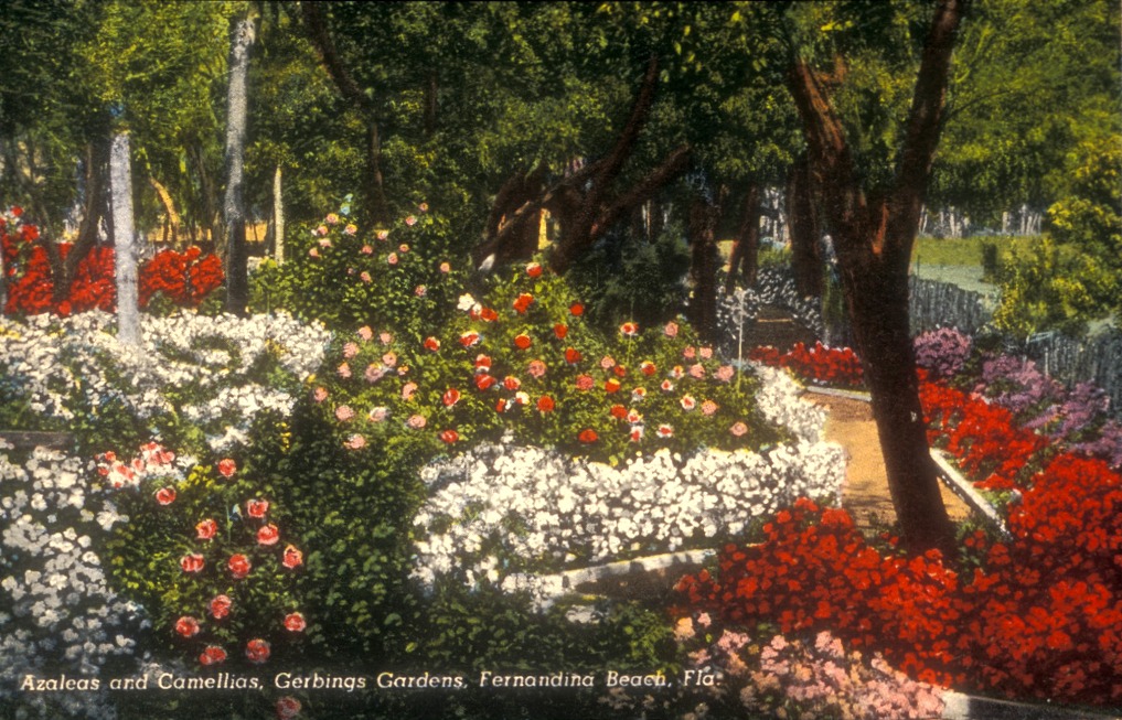 A colorized photo postcard of the rose garden and covered oyster pier at Gerbing Gardens, circa 1945-1947. Smithsonian Institution, Archives of American Gardens, Garden Club of America Collection.