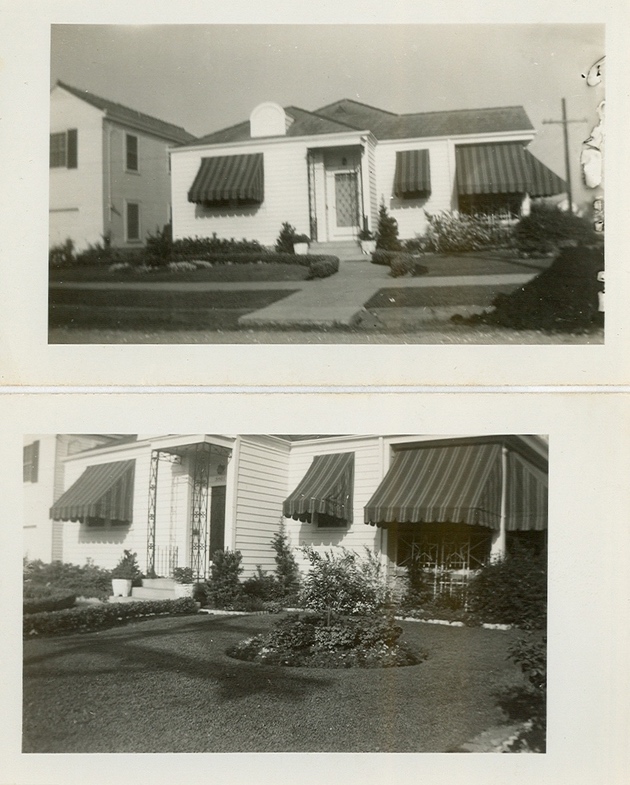 Jeanne Beatrice Alost and Joe Alost III sitting on front lawn with bridal wreath and phlox in bloom