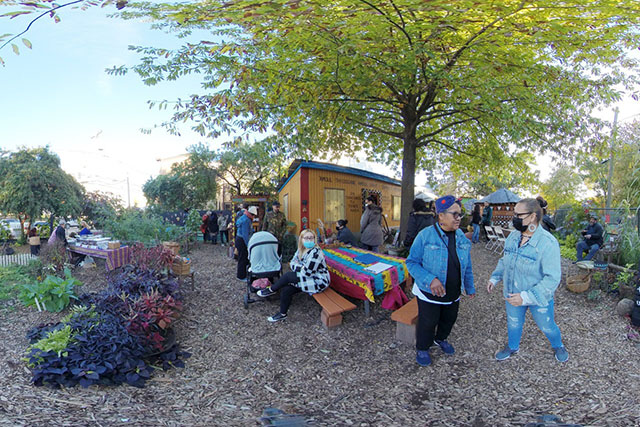 Two of the African huts and outdoor kitchen. Photographer: Michael Kuetemeyer and Anula Shetty.  2022.