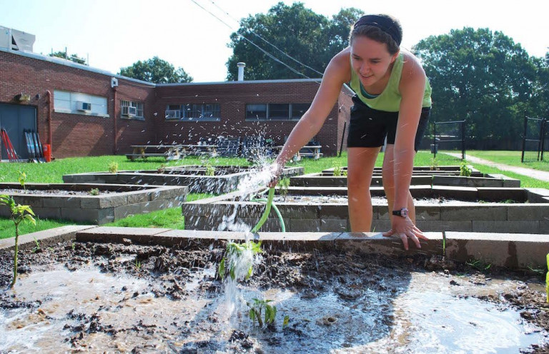 Watering the garden beds