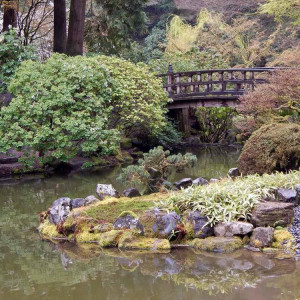 Portland Japanese Garden. The Moon Bridge in the Strolling Pond Garden.