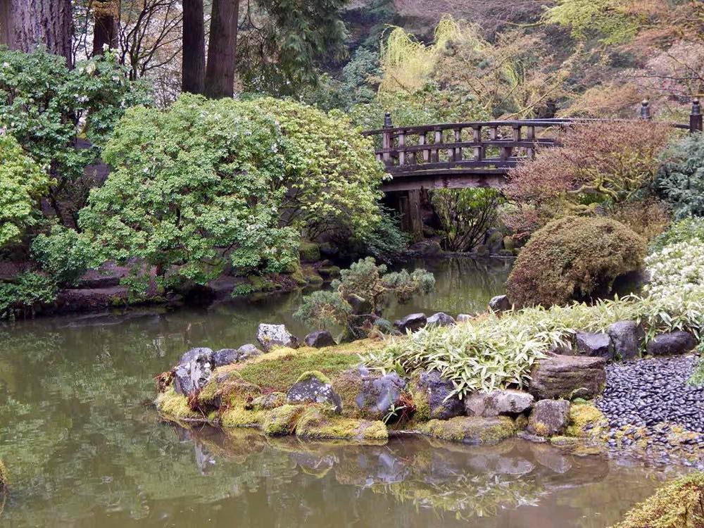 Portland Japanese Garden. The Moon Bridge in the Strolling Pond Garden.