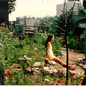 Liz Christy relaxes in the community garden, 1970s.