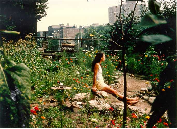 Liz Christy relaxes in the community garden, 1970s.