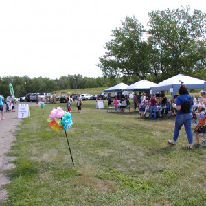 A view of the butterfly garden and its educational sign about prairie ecosystems.