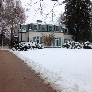 Winter view of the residence from the property entrance.