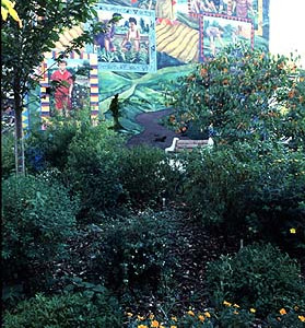 “La Casita” (the little house") at Las Parcelas community garden is reminiscent of housing in pre-WWII Puerto Rico. It is used as an educational space within the garden. Ann Reed, photographer, 2007. Smithsonian Institution, Archives of American Gardens, Garden Club of America Collection.