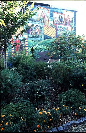 “La Casita” (the little house") at Las Parcelas community garden is reminiscent of housing in pre-WWII Puerto Rico. It is used as an educational space within the garden. Ann Reed, photographer, 2007. Smithsonian Institution, Archives of American Gardens, Garden Club of America Collection.