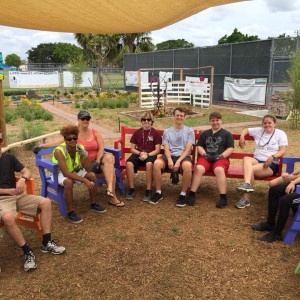 Students participating in garden work in Marjory's Garden.