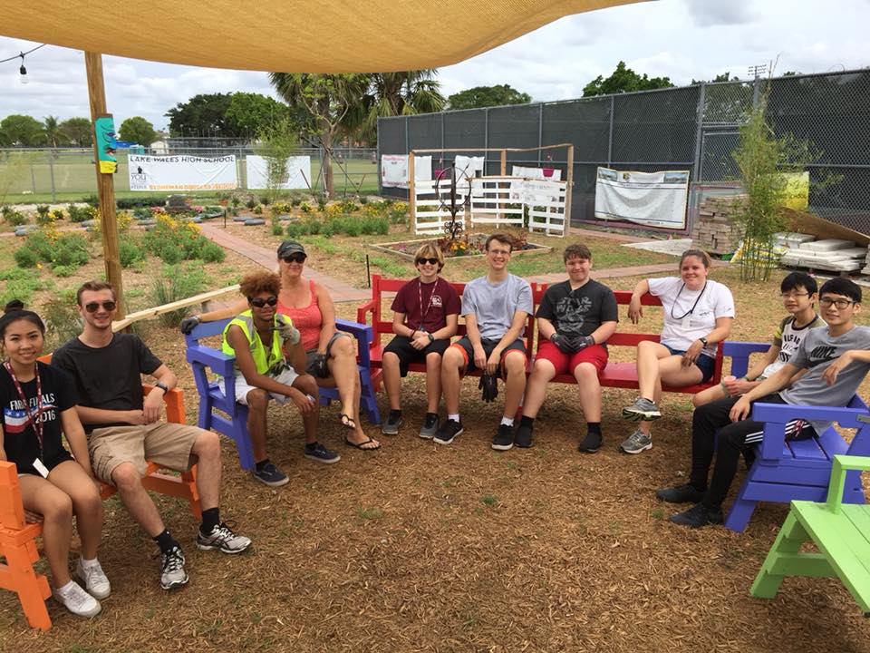 Students participating in garden work in Marjory's Garden.