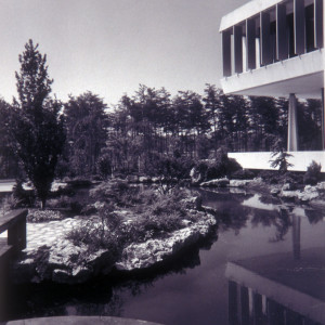 Ethelbert Furlong designed an outdoor shelter to complement the Japanese-style pond and gardens at Capitol Car Distributors. Stewart Brothers, photographers, circa 1966. Smithsonian Institution, Archives of American Gardens, Garden Club of America Collection.