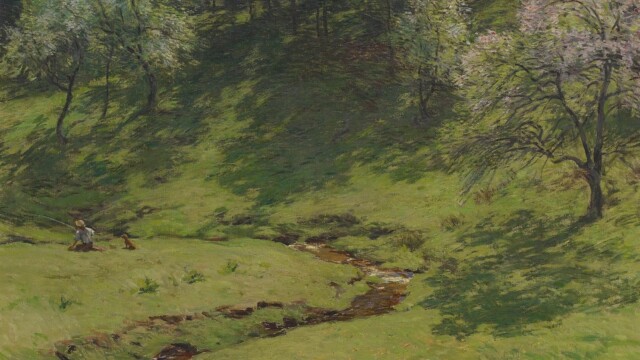 Painting of a lush, green landscape. Blossom Time (detail), Willard Metcalf (1858–1925), United States, 1910, oil on canvas, National Museum of Asian Art, Smithsonian Institution, Freer Gallery of Art Collection, Gift of Charles Lang Freer, F1915.27a-b