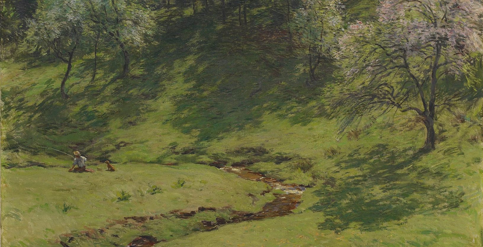 Painting of a lush, green landscape. Blossom Time (detail), Willard Metcalf (1858–1925), United States, 1910, oil on canvas, National Museum of Asian Art, Smithsonian Institution, Freer Gallery of Art Collection, Gift of Charles Lang Freer, F1915.27a-b