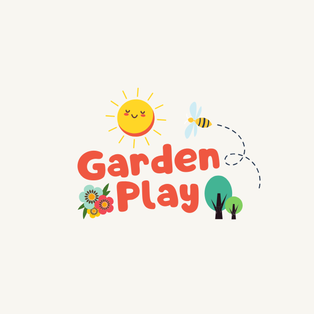 A smiling sun, buzzing bee, flowers, and trees surround the words Garden Play.