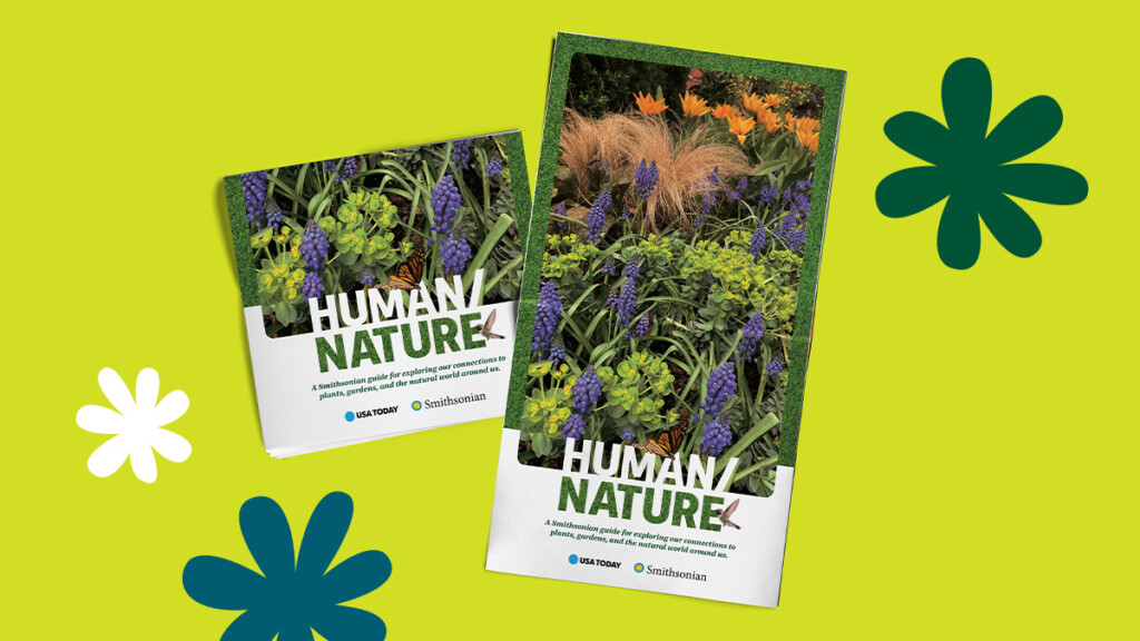 The cover of the Human/Nature guide featuring orange, purple, and green flowers.